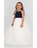 Navy Blue Chiffon Ivory Tulle Long Flower Girl Dress